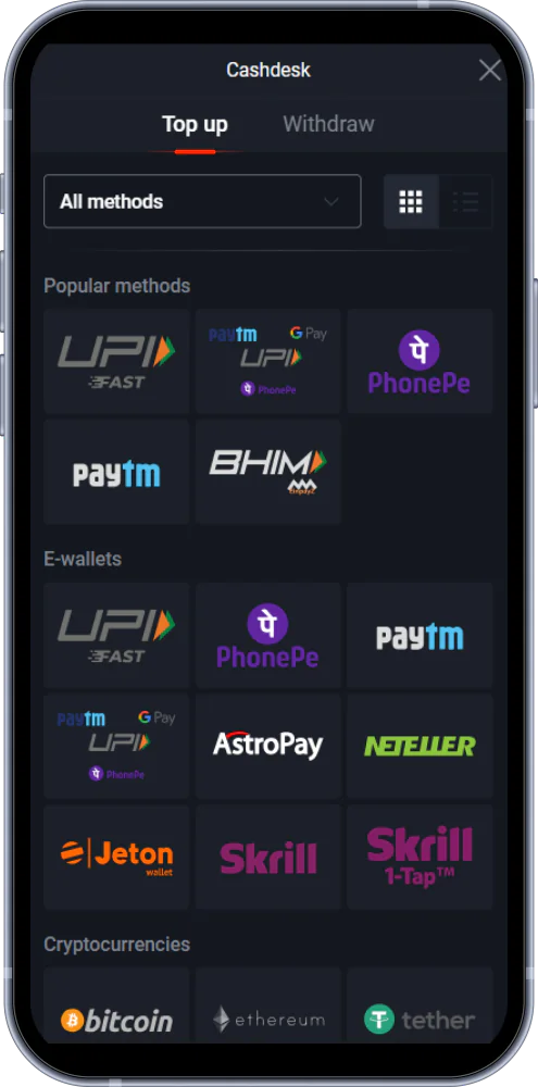 Indian users of Pin Up have a wide range of payment methods for making deposits