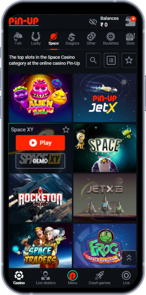 The Pin Up Space section has a large selection of games for Indian users